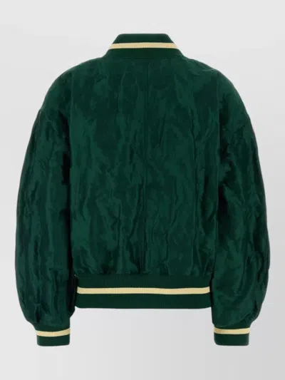 Loewe Womens Dark Green Crinkled-texture Striped-trim Woven Bomber Jacket