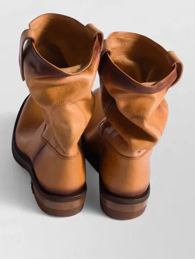 Miu Miu Leather Ankle Boots Round Toe Pull Tab In Brown