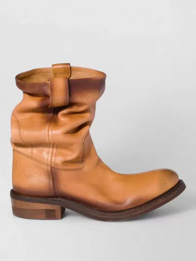 Miu Miu Leather Ankle Boots Round Toe Pull Tab In Brown