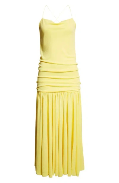 Jacquemus Yellow Dress With Straight Neckline And Gathered Waist In Tech Fabric Woman In Yellow