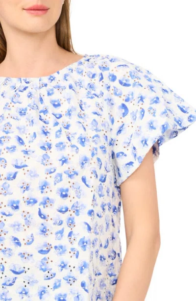 Cece Printed Eyelet Short Sleeve Top In White