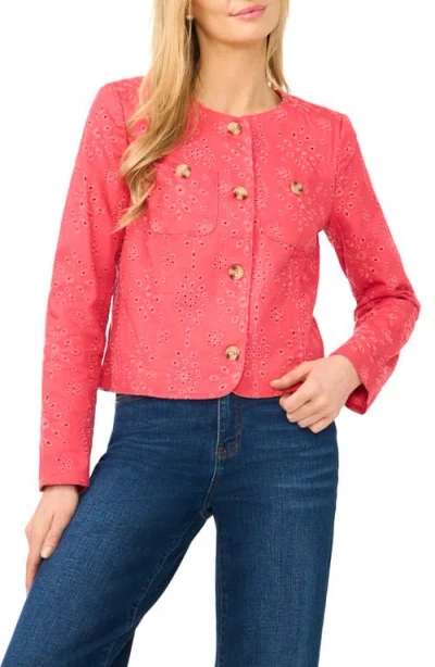 Cece Collarless Eyelet Jacket In Red