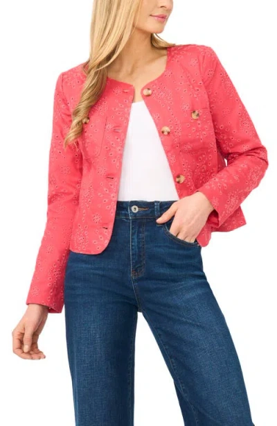 Cece Collarless Eyelet Jacket In Red
