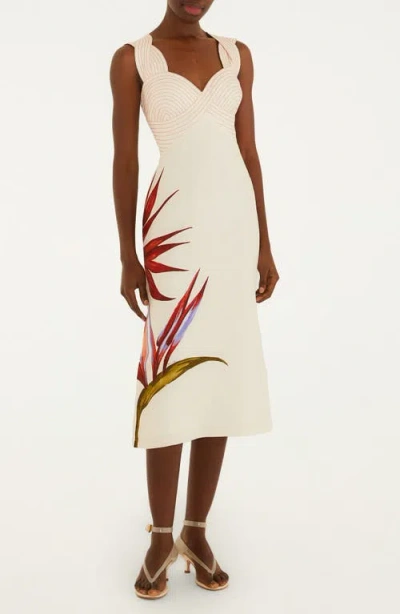 Farm Rio Sand-colored Linen Midi Dress With Strelitzia Pattern In White