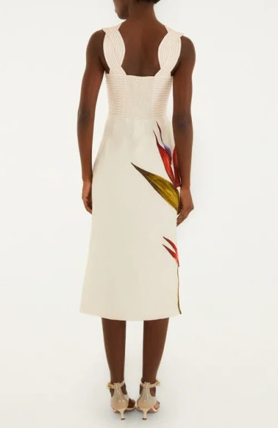 Farm Rio Sand-colored Linen Midi Dress With Strelitzia Pattern In White