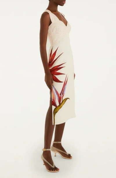 Farm Rio Sand-colored Linen Midi Dress With Strelitzia Pattern In White