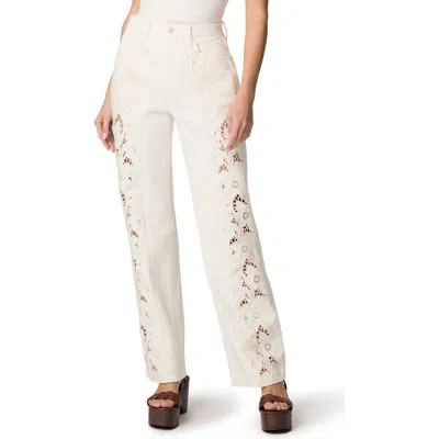 Paige Womens Tonal Ecru Embroidered Sawyer Embroided Wide-leg Denim Jeans In White