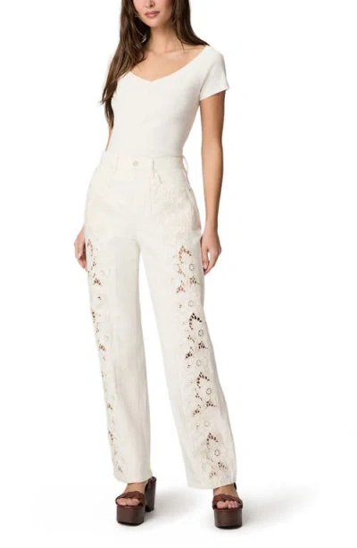 Paige Womens Tonal Ecru Embroidered Sawyer Embroided Wide-leg Denim Jeans In White