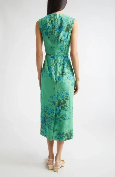Erdem Floral Print Sleeveless Linen Midi Pencil Dress In Green