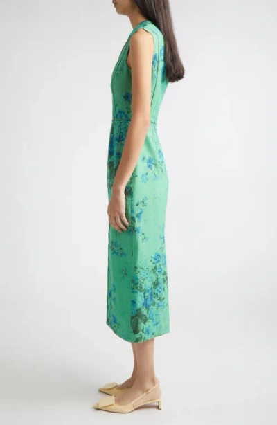 Erdem Floral Print Sleeveless Linen Midi Pencil Dress In Green