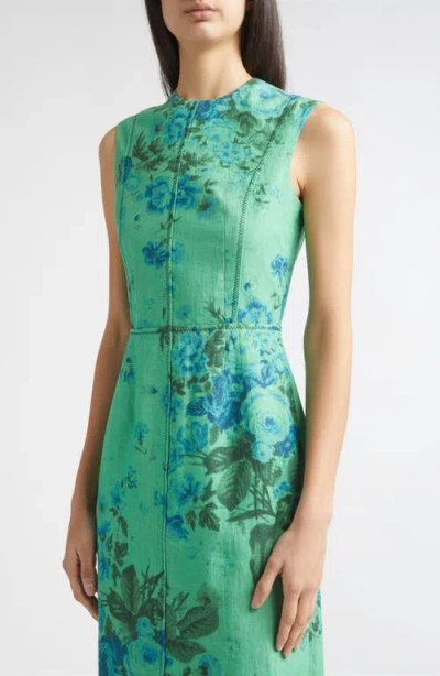 Erdem Floral Print Sleeveless Linen Midi Pencil Dress In Green