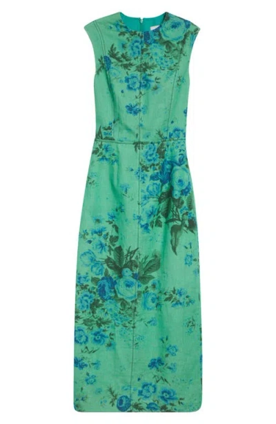 Erdem Floral Print Sleeveless Linen Midi Pencil Dress In Green