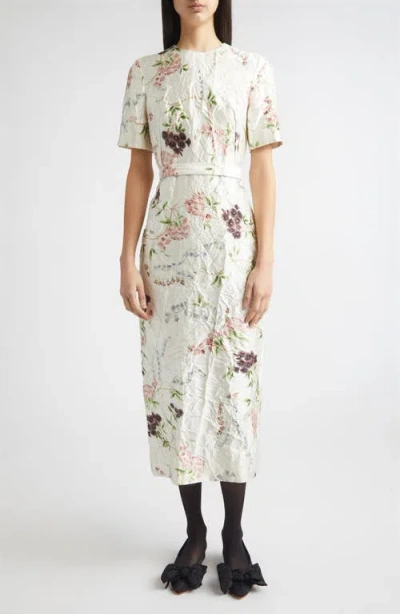 Erdem Floral Print Textured Satin Midi Pencil Dress In Neutral