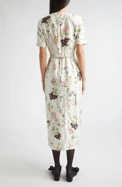 Erdem Floral Print Textured Satin Midi Pencil Dress In Neutral
