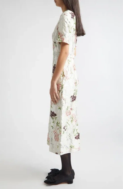 Erdem Floral Print Textured Satin Midi Pencil Dress In Neutral