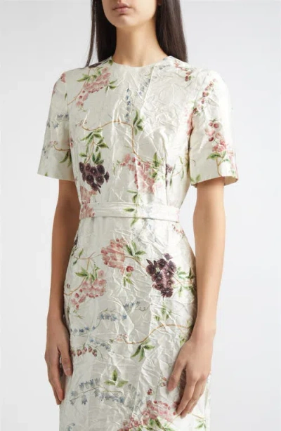 Erdem Floral Print Textured Satin Midi Pencil Dress In Neutral