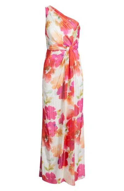 Adrianna Papell One Shoulder Watercolor Floral Stripe Gown In Ivory Pink Multi