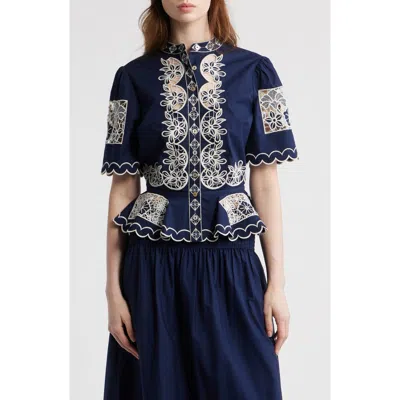 Love The Label Elizabeth Embroidered Peplum Top In Blue