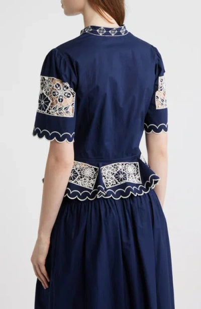 Love The Label Elizabeth Embroidered Peplum Top In Blue