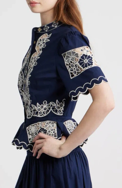 Love The Label Elizabeth Embroidered Peplum Top In Blue