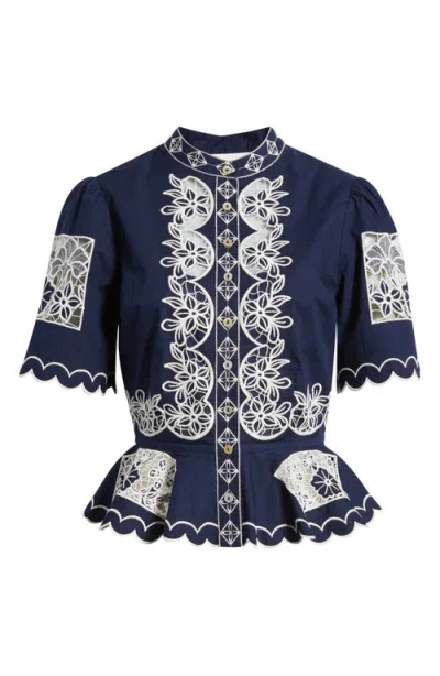Love The Label Elizabeth Embroidered Peplum Top In Blue