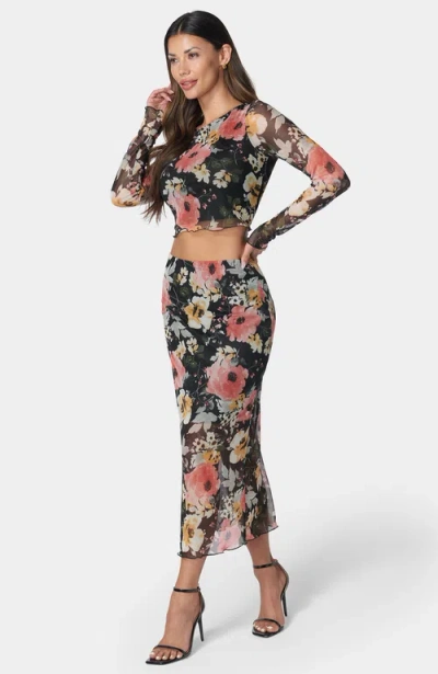 Bebe Mesh Printed Two Piece Long Sleeve Set In Multi
