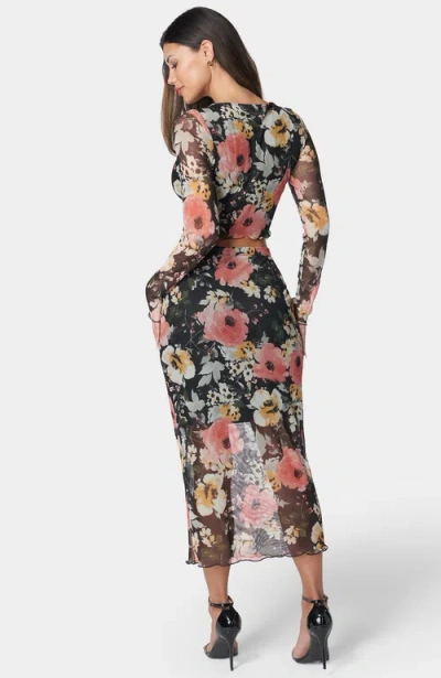 Bebe Mesh Printed Two Piece Long Sleeve Set In Multi