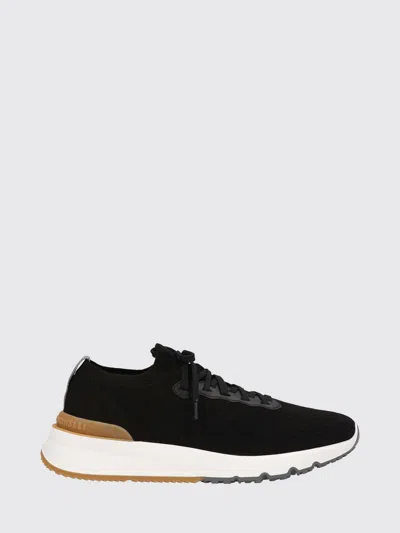 Brunello Cucinelli Cotton Knit And Semi-polished Calfskin Runner Sneakers In Black