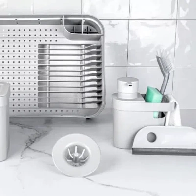 Ou Compact Freestanding Plastic Kitchen Dish Drying Rack In Gray