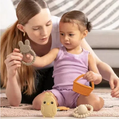 Sperric Plush Bunny With Bow And Silicone Teether Set In Neutral