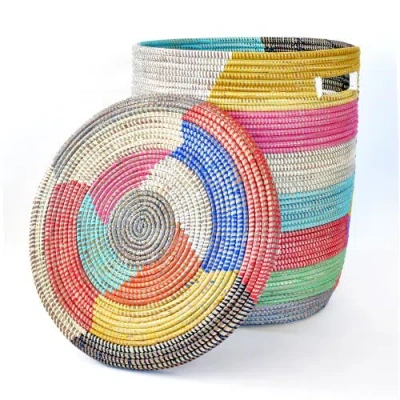 African Modern Rainbow Herringbone Lidded Storage Basket In Multi