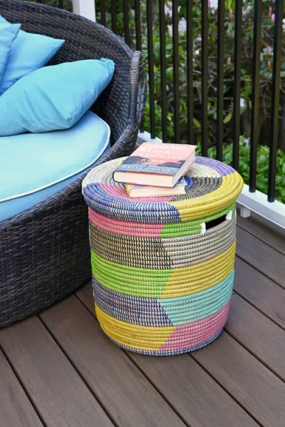 African Modern Rainbow Herringbone Lidded Storage Basket In Multi