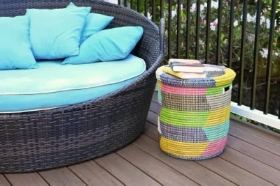 African Modern Rainbow Herringbone Lidded Storage Basket In Multi