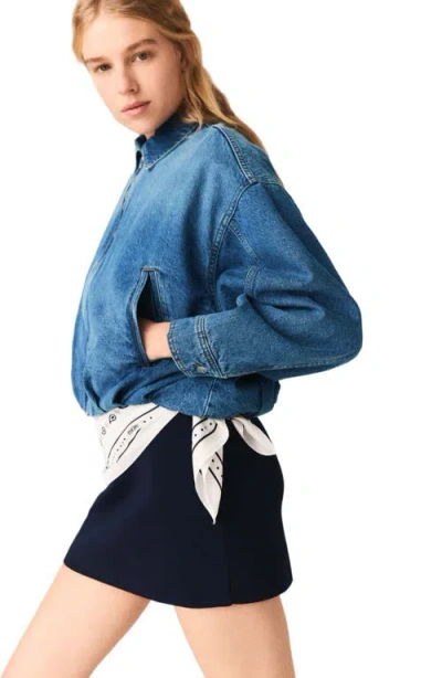 Maje Womens Blue Collared Elasticated-hem Denim Bomber Jacket In Blue
