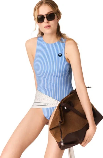 Maje Striped-pattern Logo-embroidered Bodysuit In Blue