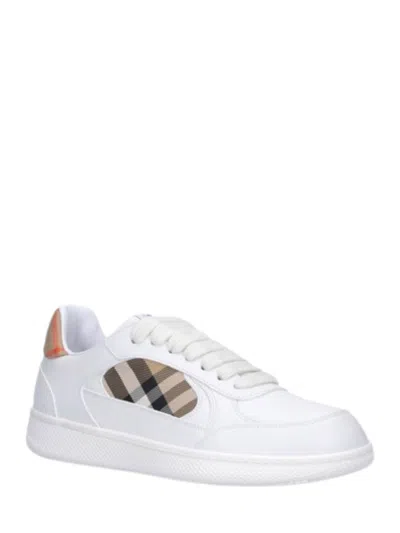 Burberry Terrace Sneakers In Leather And Beige Check Men In White