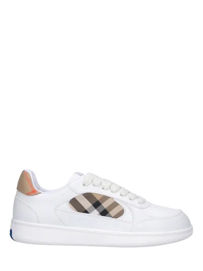 Burberry Terrace Sneakers In Leather And Beige Check Men In White