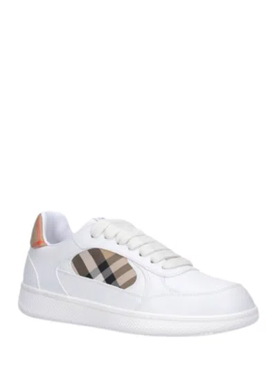 Burberry Terrace Sneakers In Leather And Beige Check Men In White