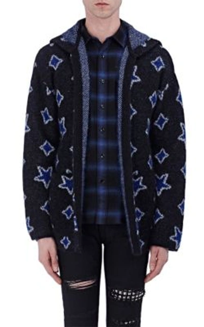 Saint Laurent Oversized Hooded Cardigan In Black, Blue And Ivory Star Woven Mohair And Nylon Jacquard