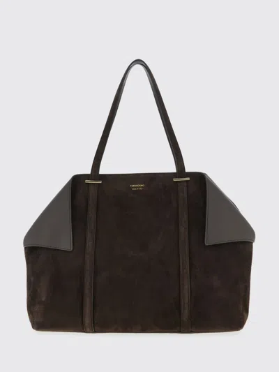 Ferragamo Women Brown Tote Bag With Folded Angles And Embossed Logo Lettering On The Front In Suede In Brown
