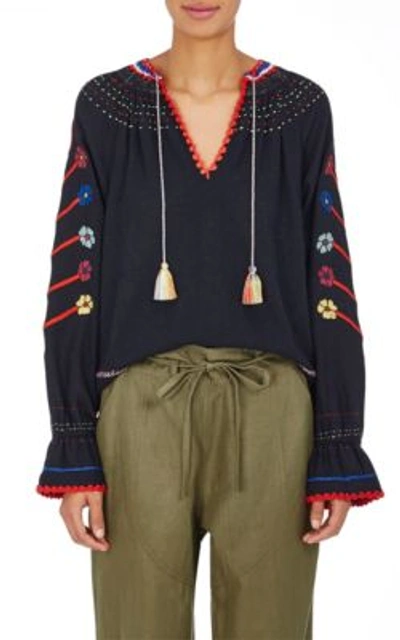 Ulla Johnson Vania Embroidered Silk Blouse In Midnight