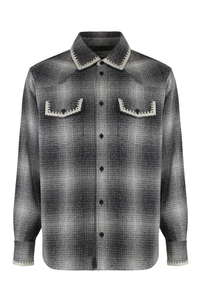 Golden Goose Wool Blend Long Sleeve Checked Shirt In Gray