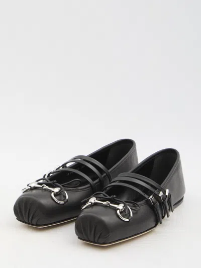 Gucci Nappa Leather Square Toe Ballerina With Horsebit Detailing In Black