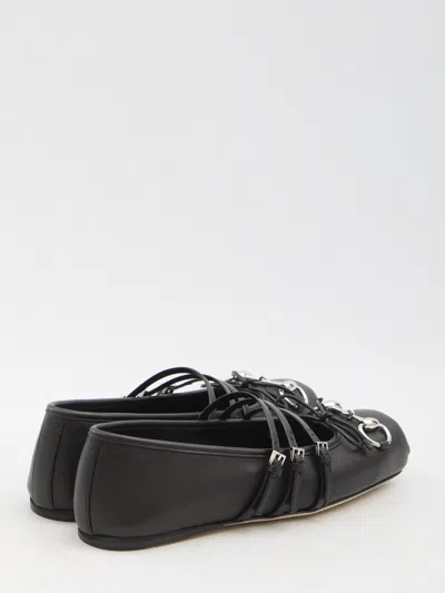 Gucci Nappa Leather Square Toe Ballerina With Horsebit Detailing In Black