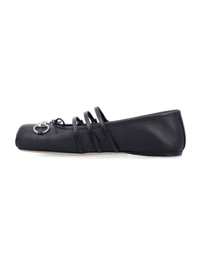 Gucci Nappa Leather Square Toe Ballerina With Horsebit Detailing In Black