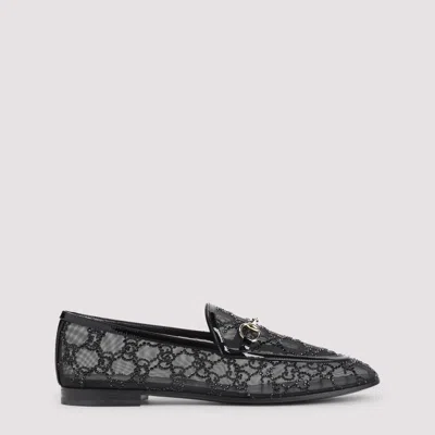 Gucci Almond Toe Mesh Loafers Embellished With Crystals In Black