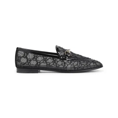 Gucci Almond Toe Mesh Loafers Embellished With Crystals In Black