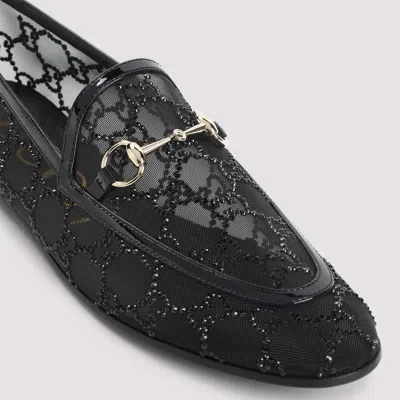 Gucci Almond Toe Mesh Loafers Embellished With Crystals In Black