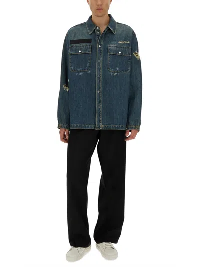 Helmut Lang Distressed Chest Pocket Long Sleeve Jacket In Blue