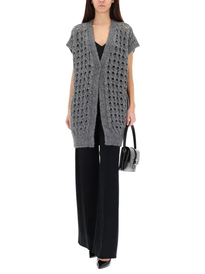 Herno Long Openwork Cardigan With V-neck And Ribbed Edges In Gray